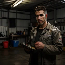 AI image generated from prompt: "a photoreal portrait of a White mechanic in a garage, grease marks, workshop lighting, realistic metal and oil textures" — epiCRealism model