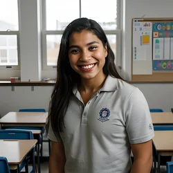 AI image generated from prompt: "a photoreal portrait of a Latino teacher in a classroom, chalk dust in the air, natural window light, candid smile" — epiCRealism model
