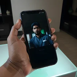 AI image generated from prompt: "a photoreal portrait of a South Asian person holding a phone for a selfie, realistic hand anatomy, screen reflections, indoor lighting" — epiCRealism model