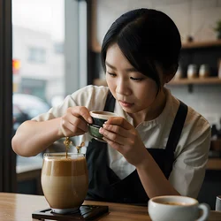 AI image generated from prompt: "a photoreal portrait of an East Asian barista pouring latte art, steam, glossy ceramic cup, warm café lighting, shallow depth of field" — epiCRealism model