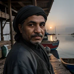 AI image generated from prompt: "a photoreal portrait of a Middle Eastern fisherman on a dock at dawn, misty background, weathered face, natural muted tones" — epiCRealism model