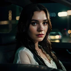 AI image generated from prompt: "a cinematic photoreal portrait in a car at night of a White person, dashboard glow lighting the face, raindrops on the window, bokeh city…" — epiCRealism model
