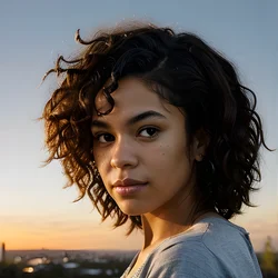 AI image generated from prompt: "a photoreal portrait of a mixed-race person with curly hair in backlight, realistic curls and flyaways, warm sunset rim light" — epiCRealism model