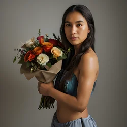 AI image generated from prompt: "a photoreal portrait of an Indigenous person holding a bouquet of flowers, realistic petals and skin tones, soft studio light" — epiCRealism model