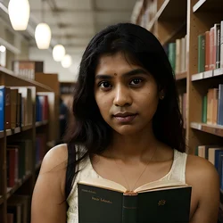 AI image generated from prompt: "a photoreal portrait of a South Asian person in a library aisle, warm overhead lights, shallow depth of field, quiet mood" — epiCRealism model