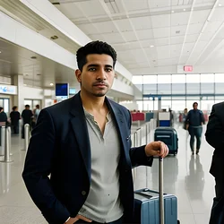 AI image generated from prompt: "a photoreal portrait of a Latino traveler at an airport gate, natural candid composition, realistic color, slight film grain" — epiCRealism model