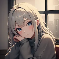 AI image generated from prompt: "an anime portrait of a young woman in a cozy oversized sweater by a rainy window, soft ambient light, warm color palette, gentle smile, d…" — MeinaMix model