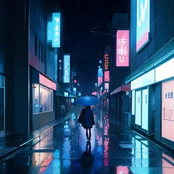AI image generated from prompt: "an anime key visual of a modern city street at blue hour, neon signage, wet pavement reflections, a lone character with umbrella, cinemat…" — MeinaMix model