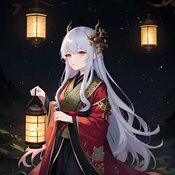 AI image generated from prompt: "an anime fantasy heroine in ornate embroidered robes, holding a lantern in a misty forest, fireflies, volumetric light beams, serene mood" — MeinaMix model