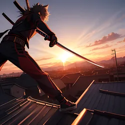 AI image generated from prompt: "an anime action scene of a katana duel on a rooftop at sunset, dynamic foreshortening, motion lines, flying cloth, dramatic backlight" — MeinaMix model