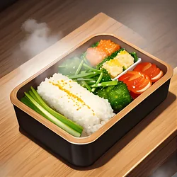 AI image generated from prompt: "an anime food illustration of a bento box on a wooden table, glossy highlights, steam rising, crisp ingredient detail, soft background bokeh" — MeinaMix model