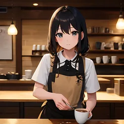 AI image generated from prompt: "an anime café barista pouring latte art, warm tungsten lighting, cozy wood textures, gentle expression, shallow depth of field" — MeinaMix model