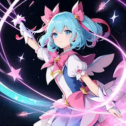 AI image generated from prompt: "an anime magical girl transformation moment, swirling ribbons of light and star particles, bright pastel glow, clean cel shading" — MeinaMix model