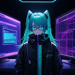 AI image generated from prompt: "an anime cyberpunk hacker in a neon-lit room, holographic screens, teal-magenta color grade, reflective glasses, detailed tech props" — MeinaMix model