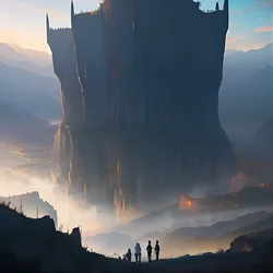 AI image generated from prompt: "an anime fantasy party traveling through a vast canyon, wide establishing shot, atmospheric haze, epic scale, windblown capes" — MeinaMix model