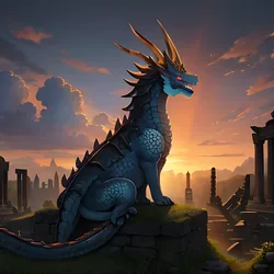 AI image generated from prompt: "an anime dragon curled atop ancient ruins at dawn, sun rays through clouds, detailed scales, sense of awe, painterly background" — MeinaMix model