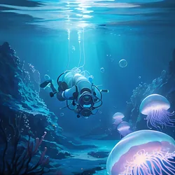 AI image generated from prompt: "an anime underwater scene with a diver and glowing jellyfish, soft blue light, bubbles, dreamy atmosphere, detailed caustics" — MeinaMix model