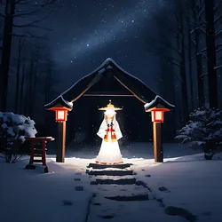 AI image generated from prompt: "an anime shrine at night in falling snow, lantern glow, a priestess in white robes, calm serene mood, delicate snowflakes" — MeinaMix model