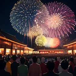 AI image generated from prompt: "an anime festival night scene, yukata, lanterns, fireworks overhead, lively crowd, warm glow, romantic atmosphere" — MeinaMix model