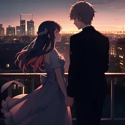 AI image generated from prompt: "an anime romantic balcony scene at twilight, two characters sharing a quiet moment, soft backlight, subtle blush, city lights bokeh" — MeinaMix model