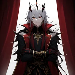 AI image generated from prompt: "an anime villain portrait with dramatic low-key lighting, sharp smirk, ornate coat with crimson accents, intimidating aura" — MeinaMix model