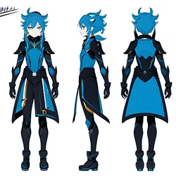 AI image generated from prompt: "an anime character concept sheet of a futuristic courier, front/side/back views, accessories callouts, clean lineart, flat colors" — MeinaMix model