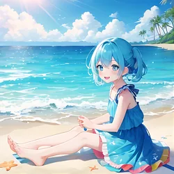 AI image generated from prompt: "an anime beach day scene, sparkling water, bright sunlight, playful splash, cheerful expressions, vibrant summer colors" — MeinaMix model