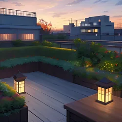 AI image generated from prompt: "an anime rooftop garden at sunrise, soft pastel sky, plants and morning dew, quiet mood, detailed background architecture" — MeinaMix model