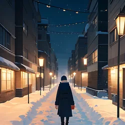 AI image generated from prompt: "an anime winter street scene with breath in the air, warm scarf and coat, street lamps, soft snowfall, cozy cinematic lighting" — MeinaMix model