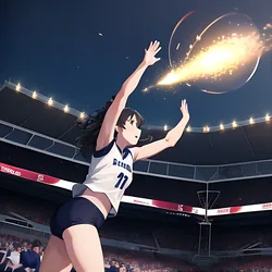 AI image generated from prompt: "an anime sports moment: volleyball spike at the net, dynamic camera angle, motion blur streaks, stadium lights, intense energy" — MeinaMix model
