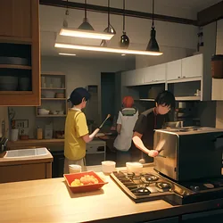 AI image generated from prompt: "an anime cooking scene in a small apartment kitchen, steam, chopping vegetables, warm practical lights, cozy lived-in details" — MeinaMix model