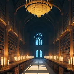 AI image generated from prompt: "an anime high fantasy library interior, towering shelves, floating candles, ornate arches, volumetric light, wide-angle perspective" — MeinaMix model