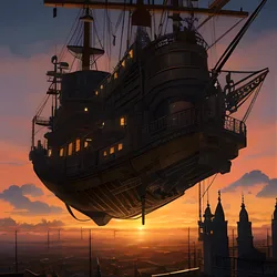 AI image generated from prompt: "an anime steampunk airship deck above clouds, brass machinery, goggles and leather, warm sunset, detailed textures" — MeinaMix model