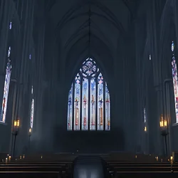 AI image generated from prompt: "an anime gothic cathedral interior, stained glass glow, candlelight, long shadows, dramatic architecture, atmospheric fog" — MeinaMix model
