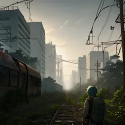AI image generated from prompt: "an anime post-apocalyptic city overgrown with vines, abandoned trains, hazy sunlight, lone explorer with backpack, cinematic wide shot" — MeinaMix model