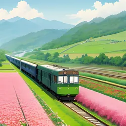 AI image generated from prompt: "an anime countryside train crossing a flower valley, gentle wind, bright spring palette, hand-painted background feel, tranquil mood" — MeinaMix model