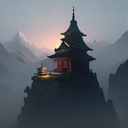 AI image generated from prompt: "an anime mountain temple in mist, serene monk with prayer beads, soft diffuse light, minimal calm palette, quiet composition" — MeinaMix model