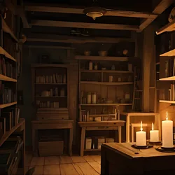 AI image generated from prompt: "an anime witch’s workshop filled with potions, floating books, warm candlelight, whimsical clutter, intricate props, cozy vibe" — MeinaMix model