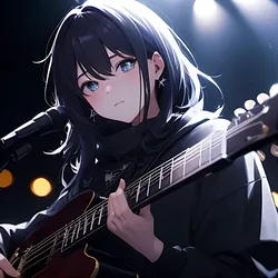 AI image generated from prompt: "an anime portrait of a musician on stage under a single spotlight, dark background bokeh, lens flare, emotional expression" — MeinaMix model