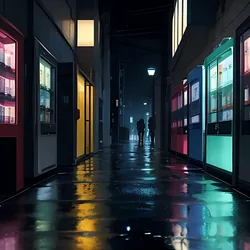 AI image generated from prompt: "an anime rainy alley with a vending machine glow, puddle reflections, cat watching from the corner, moody atmosphere, rich colors" — MeinaMix model