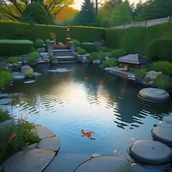 AI image generated from prompt: "an anime koi pond garden scene, stone lanterns, ripples and reflections, soft morning light, peaceful mood, detailed foliage" — MeinaMix model