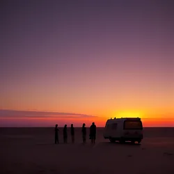 AI image generated from prompt: "an anime desert caravan at dusk, silhouetted travelers, windblown sand, warm orange-purple sky, cinematic wide shot, atmospheric depth" — MeinaMix model