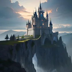 AI image generated from prompt: "an anime fairytale castle on a cliff above the sea, dramatic clouds, sunbreaks, epic fantasy mood, crisp detail and depth" — MeinaMix model