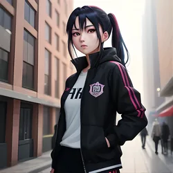 AI image generated from prompt: "an anime key visual of a confident heroine in a modern streetwear jacket, half-body portrait, soft rim light, vibrant city bokeh, crisp l…" — ReV Animated model