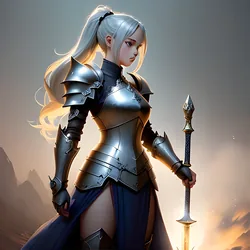 AI image generated from prompt: "an anime illustration of a knight girl in ornate plate armor holding a lance, dramatic backlight, dust particles, heroic pose, high detai…" — ReV Animated model