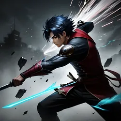 AI image generated from prompt: "an anime action scene of a swordsman mid-slash with motion blur streaks, dynamic foreshortening, shattered debris, high contrast lighting…" — ReV Animated model