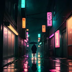 AI image generated from prompt: "an anime keyframe of a cyberpunk alley in rain, neon signs, puddle reflections, a lone figure with umbrella, moody color grade, strong pe…" — ReV Animated model