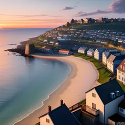 AI image generated from prompt: "an anime landscape of a quiet seaside town at golden hour, long shadows, warm pastel sky, gentle waves, detailed rooftops, atmospheric depth" — ReV Animated model