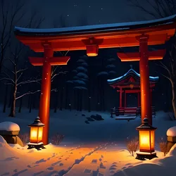 AI image generated from prompt: "an anime scene of a snowy shrine at night with lanterns, falling snowflakes, soft glow, a priestess in white robes, serene mood" — ReV Animated model
