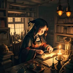 AI image generated from prompt: "an anime illustration of a witch brewing potions in a cluttered cozy room, floating books, warm candlelight, intricate props, whimsical c…" — ReV Animated model